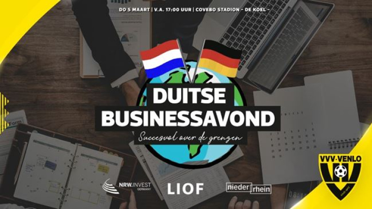 Op donderdag 5 maart organiseren VVV-Venlo, NRW.INVEST en LIOF een businessavond met als thema 'succesvol over de grenzen'